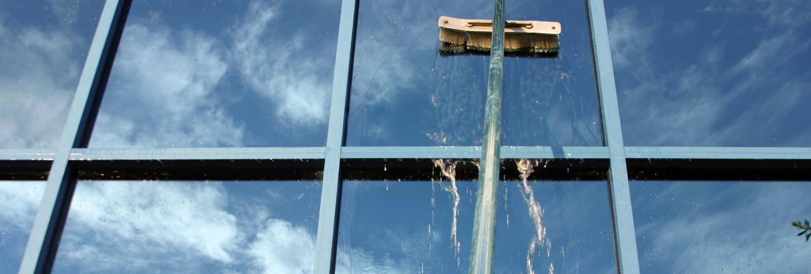 An employee using a pressure washer to clean a brick walkway.