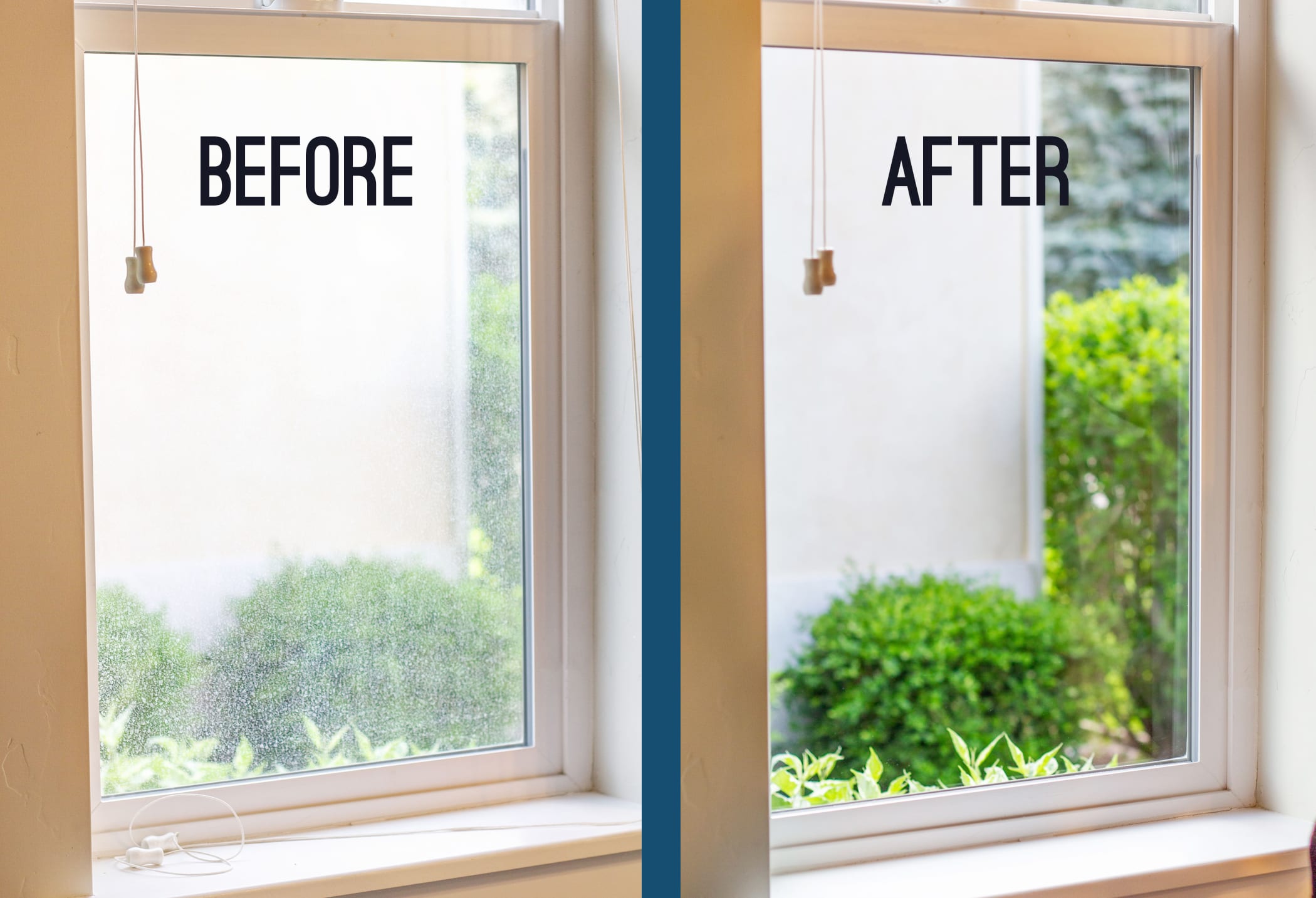 Visual transformation of a window from dirty to sparkling clean after our window cleaning service.